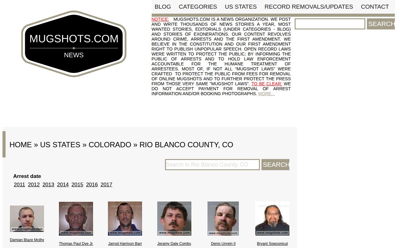 Unofficial historical Rio Blanco County mugshot aggregator page